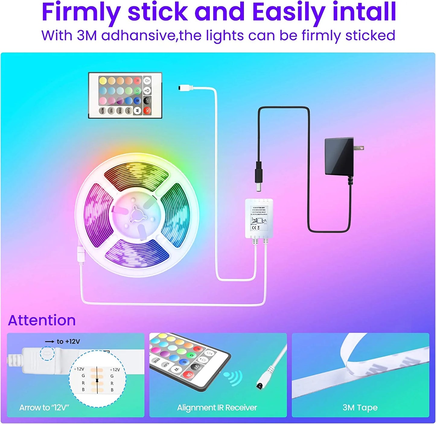 50 FT LED Strip Lights, Bluetooth, Color Changing Music Sync, Phone Controller + Remote