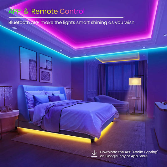 50 FT LED Strip Lights, Bluetooth, Color Changing Music Sync, Phone Controller + Remote